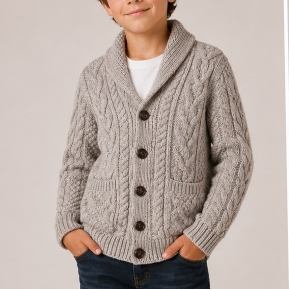 Aran Crafts Boys Shawl Collar Cardigan Sweater 6-7 Yrs Ireland Merino Wool Beige